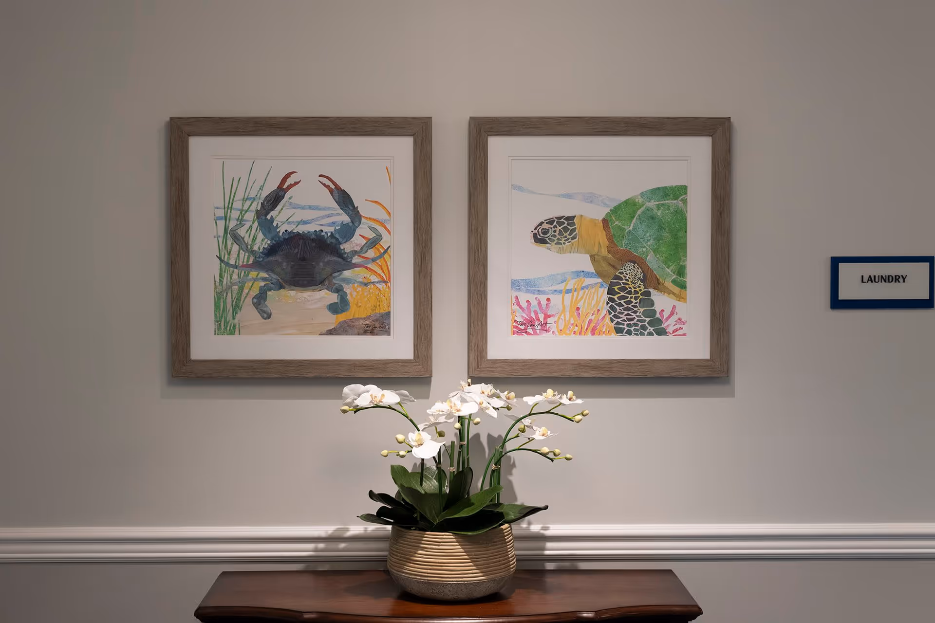 Two framed watercolor paintings on a wall above a wooden table with a potted white orchid plant. The left painting depicts a crab among seaweed, and the right painting shows a sea turtle swimming near coral. To the right of the paintings is a small sign labeled 'LAUNDRY'.