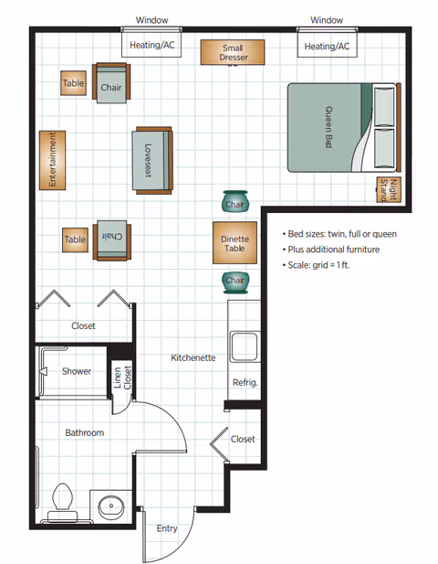 Floor plan of a senior living unit at Belmont Village Senior Living Memphis showing a queen bed with night stand, small dresser, loveseat, chairs, tables, kitchenette with refrigerator, bathroom with shower, linen closet, and entry area. The layout includes heating/AC units and windows.