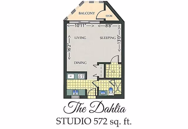 Floor plan of The Dahlia studio apartment at Park Summit, showing a 572 square feet layout with a living, dining, and sleeping area, a kitchen, bathroom, storage, and a balcony.