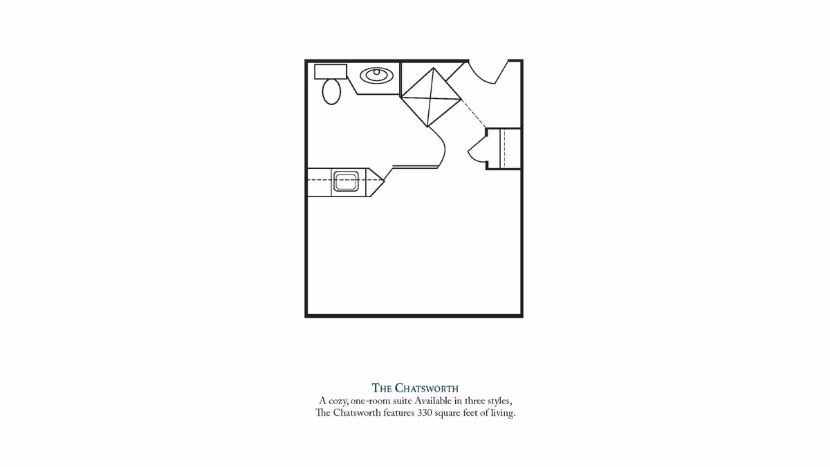 Floor plan layout of The Chatsworth, a cozy one-room suite with a bathroom and kitchenette, featuring 330 square feet of living space.