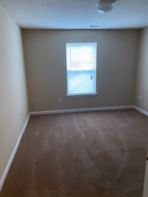 Empty room with beige walls and carpet, a single window with blinds partially open letting in light, and a ceiling light fixture.