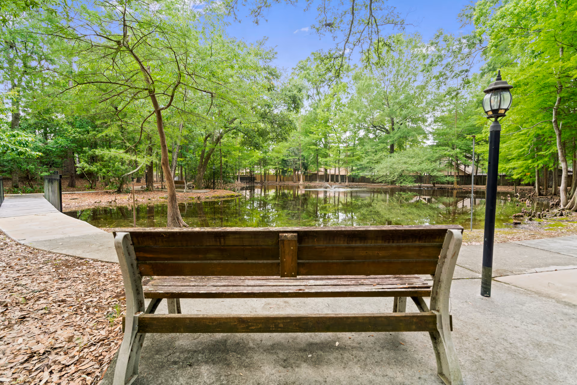 A wooden bench facing a small pond surrounded by green trees and a concrete pathway. A black lamppost stands to the right of the bench, and the scene is set outdoors under a clear blue sky.