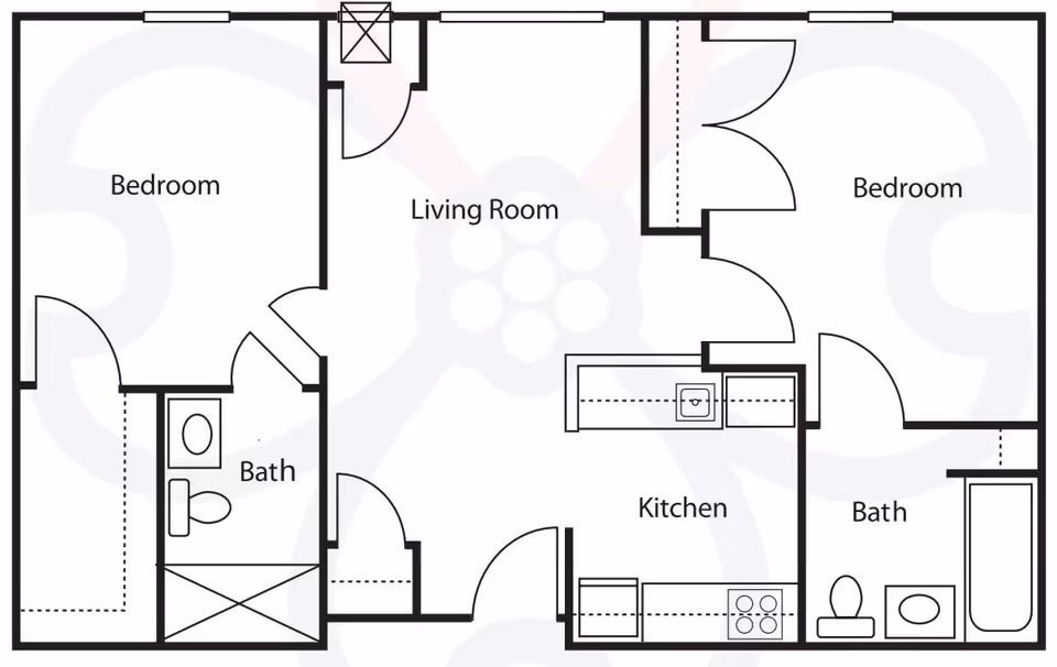 Floor plan of an apartment at Chandler Place Independent Living showing two bedrooms, two bathrooms, a living room, and a kitchen.