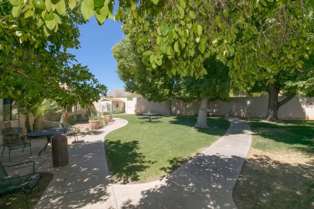 Outdoor garden area with a curved concrete pathway, green grass, large leafy trees providing shade, and metal chairs and tables along the walkway. A beige wall encloses the space with a small building visible in the background under a clear blue sky.