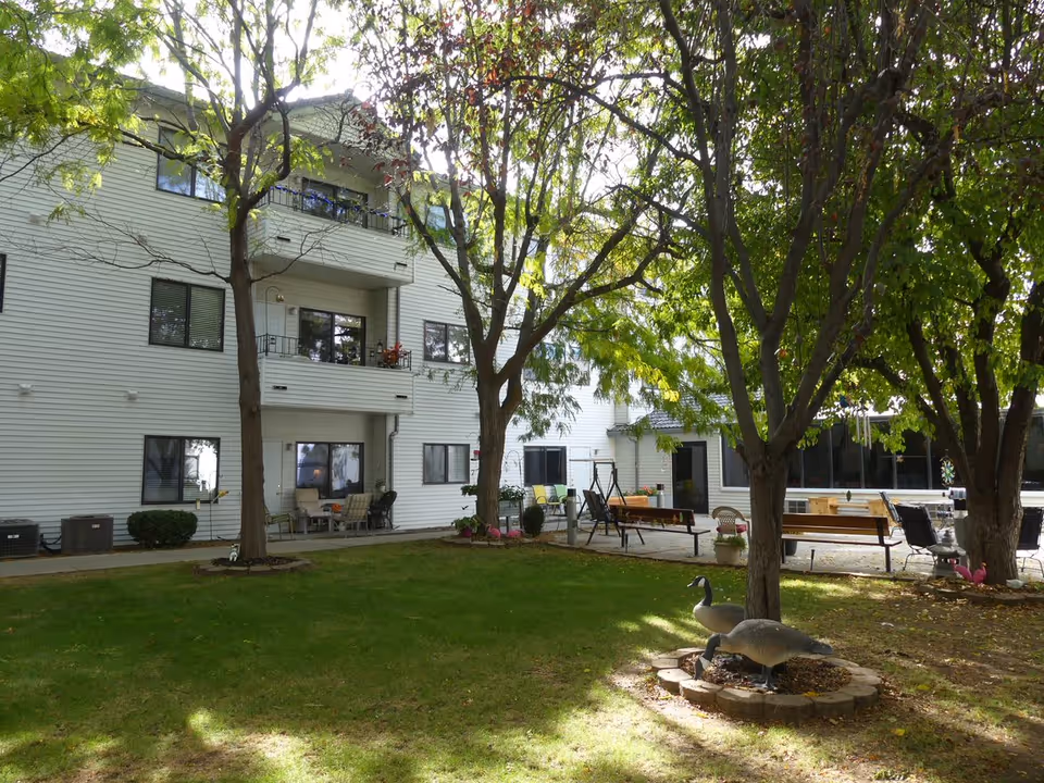 Outdoor courtyard area of a senior living facility with green grass, several trees, benches, patio chairs, and decorative goose statues. The building is white with multiple windows and balconies overlooking the courtyard.