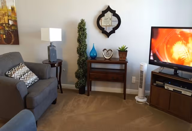 A cozy living room area featuring a gray armchair with a patterned pillow, a small wooden side table with a lamp, a tall decorative plant, a wooden console table with decorative items including a blue vase, a heart-shaped ornament, and a small potted plant. A flat-screen TV is placed on a wooden TV stand with electronic devices below it, and a white tower fan is positioned next to the TV stand.