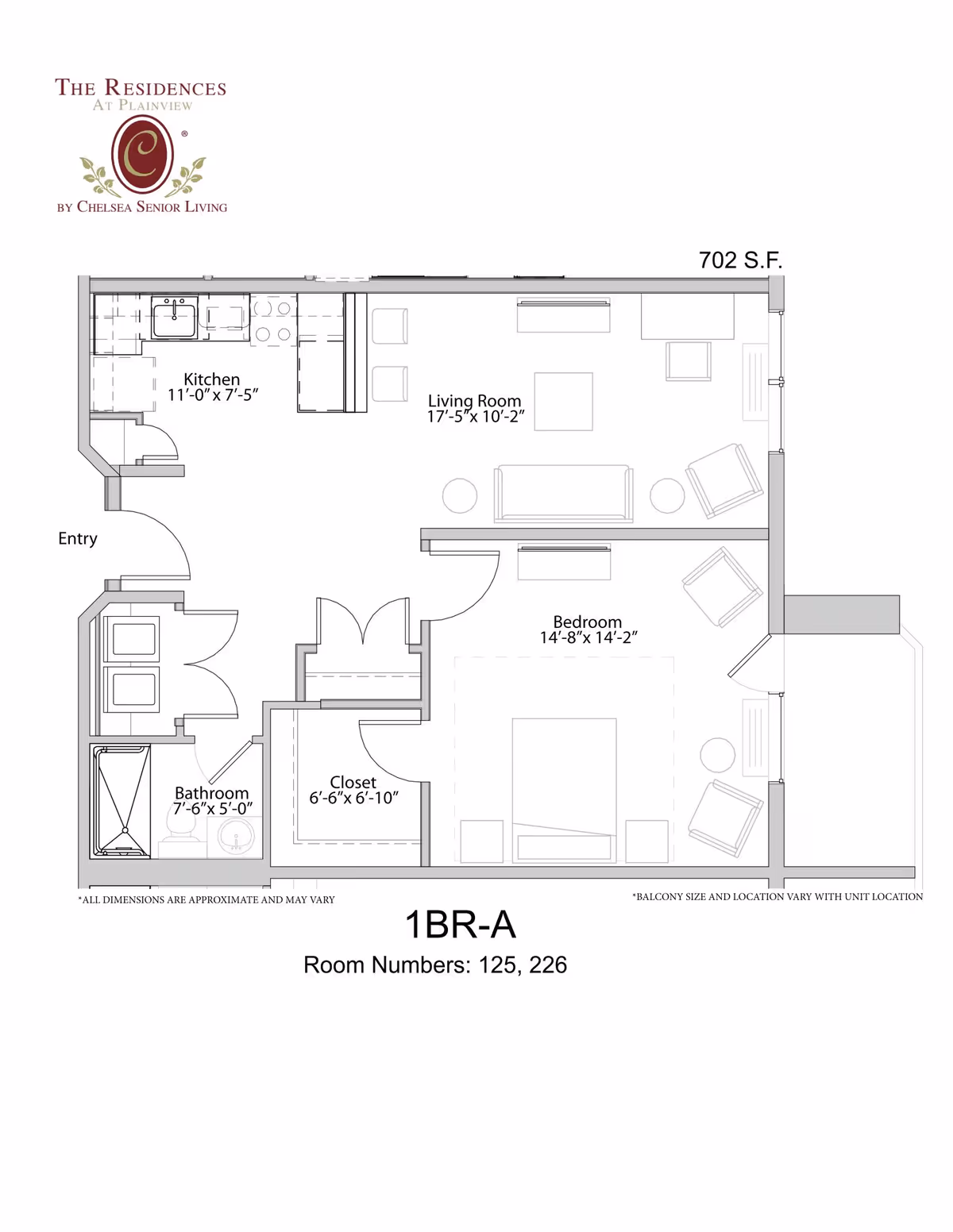 Floor plan of a one-bedroom apartment labeled 1BR-A at The Residences at Plainview by Chelsea Senior Living, showing an entry, kitchen, living room, bedroom, bathroom, and closet with dimensions and furniture layout.
