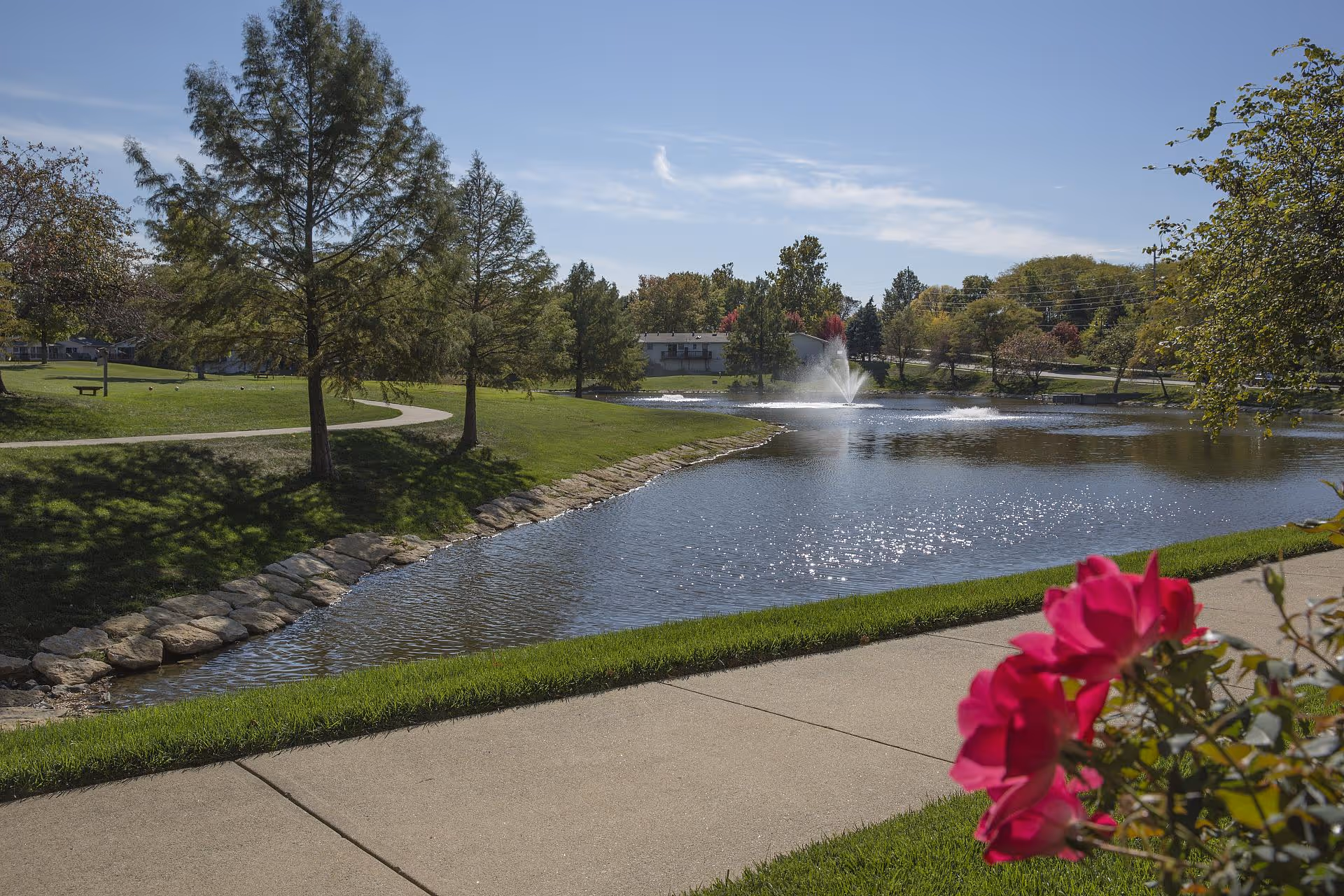 A scenic outdoor view of a pond with a water fountain in the middle, surrounded by green grass, trees, and a paved walking path. Bright pink flowers are visible in the foreground on the right side. The sky is clear with a few clouds.