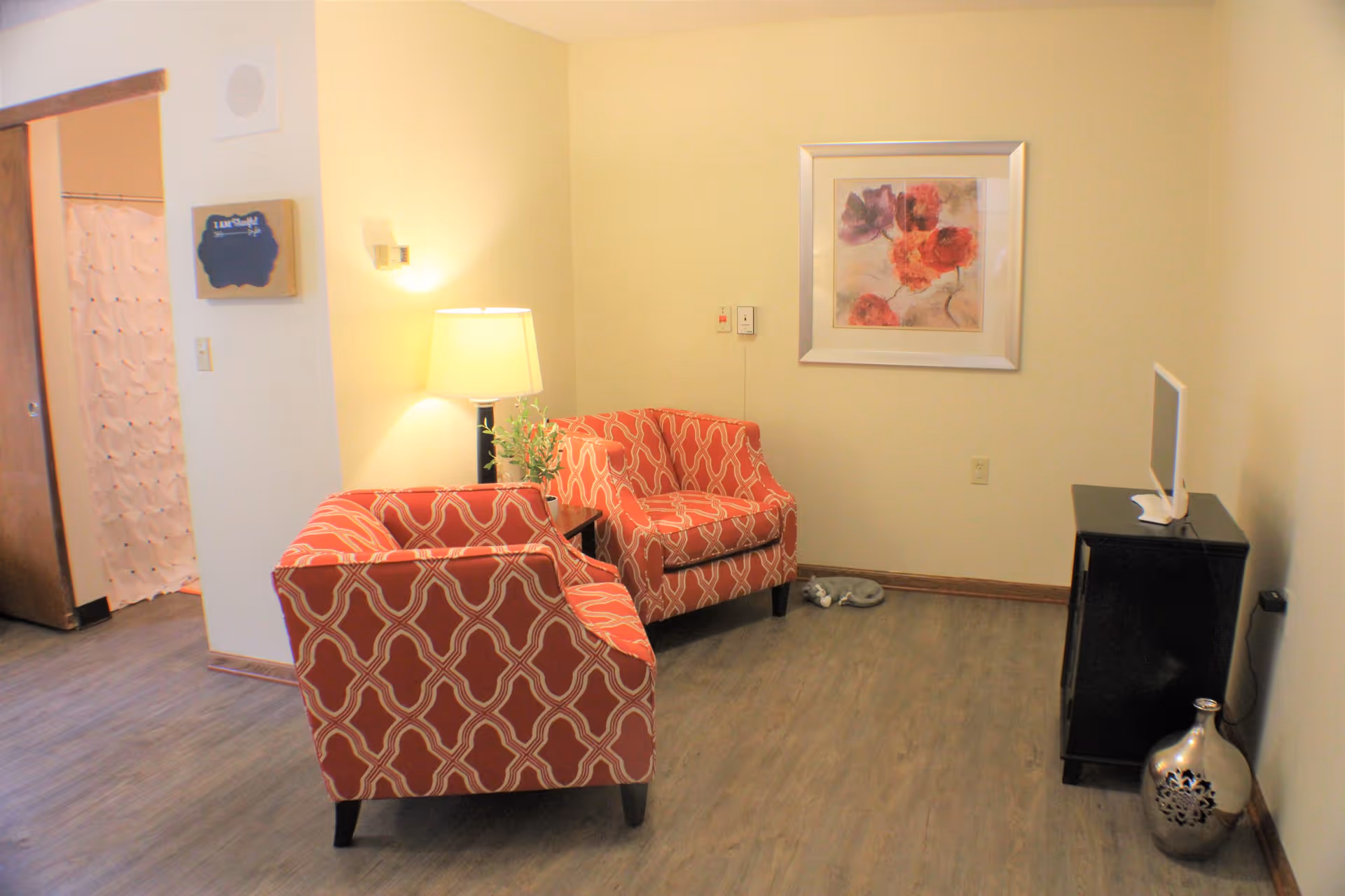 A cozy sitting area with two red patterned armchairs, a floor lamp, a small side table with a plant, a framed floral painting on the wall, and a small TV on a black stand. To the left, there is an open doorway leading to a bathroom with a shower curtain visible.