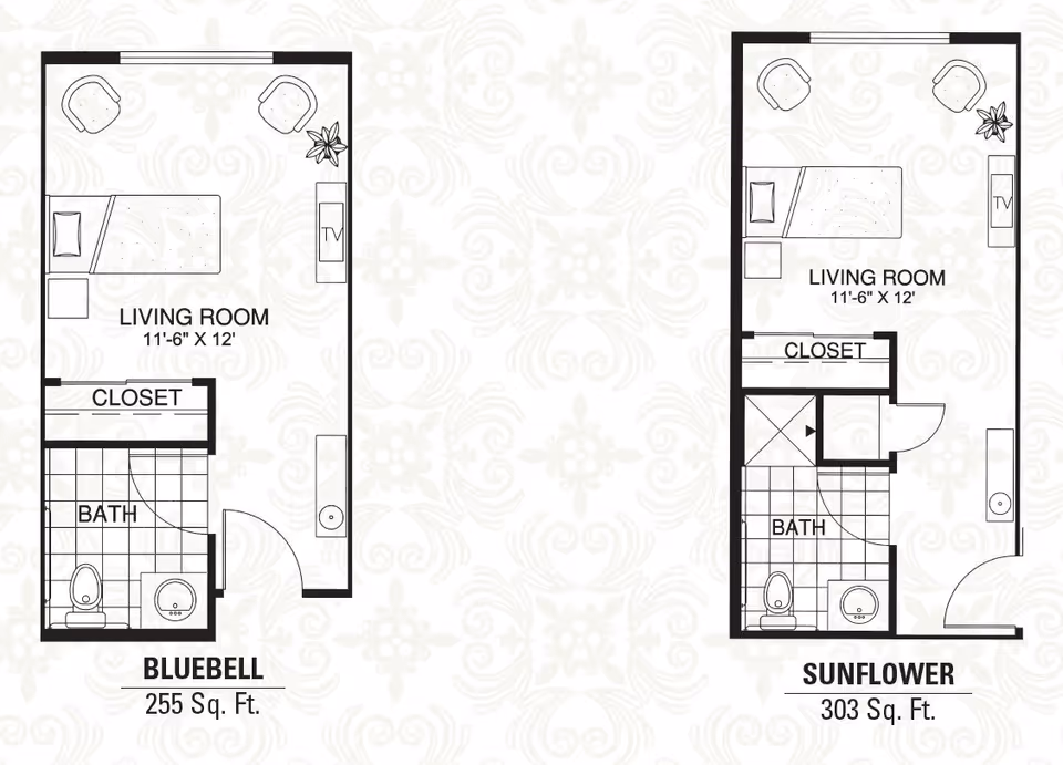 Architectural floor plans for two assisted living units named Bluebell and Sunflower. Both units feature a living room area with a bed, two chairs, a TV, a closet, and a bathroom. Bluebell is 255 square feet and Sunflower is 303 square feet.