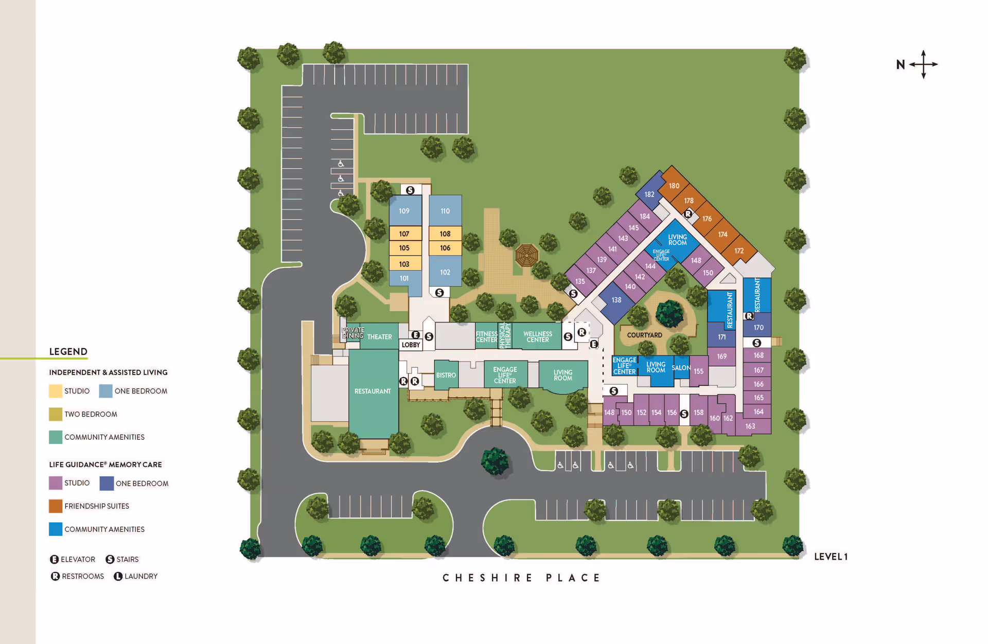Floor plan of Atria East Northport senior living facility showing layout of independent and assisted living areas, memory care suites, community amenities like restaurant, theater, fitness center, wellness center, bistro, engage center, living rooms, salon, courtyard, parking areas, and pathways. The plan includes a legend indicating studio, one bedroom, two bedroom units, and community amenities, as well as symbols for elevators, stairs, restrooms, and laundry.