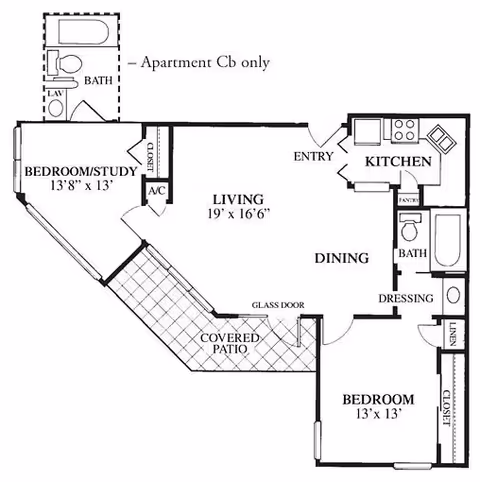Black-and-white floor plan of a two-bedroom apartment showing living and dining areas, kitchen, two baths, a covered patio, and labeled room dimensions.
