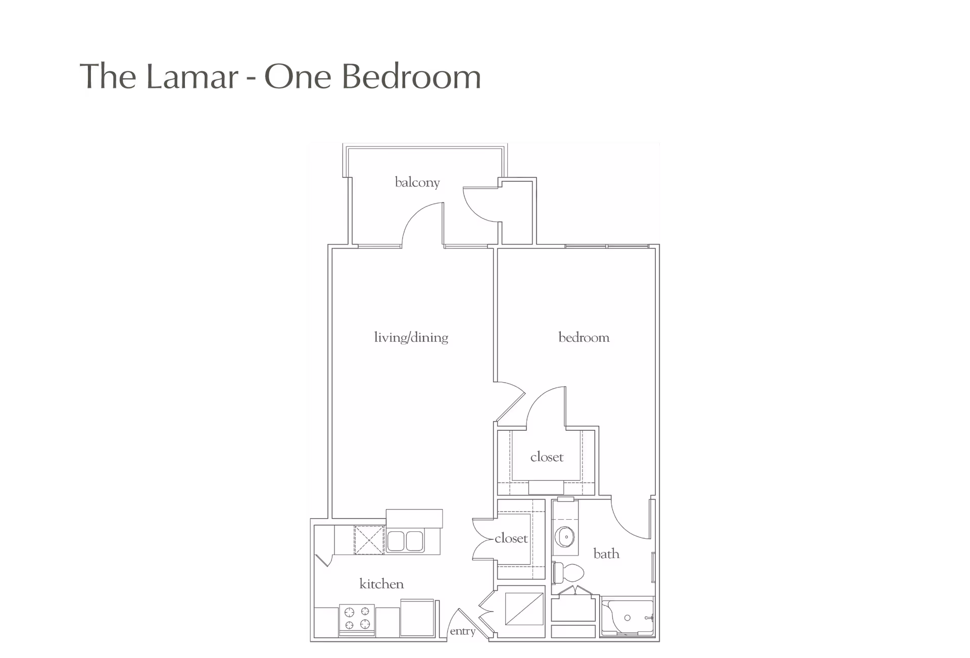 Floor plan of The Lamar one-bedroom apartment showing a balcony, living/dining area, bedroom, two closets, kitchen, entry, and bathroom.