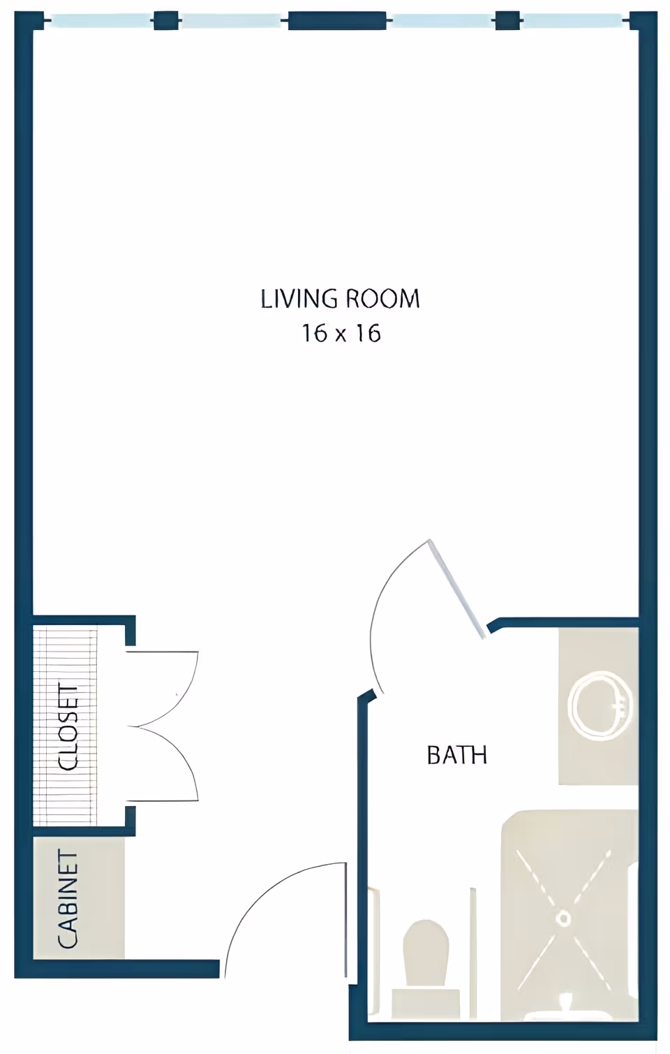 Floor plan of a living space at Woodland Terrace of New Palestine showing a 16 by 16 living room, a closet with double doors, a cabinet, and a bathroom with a toilet, sink, and shower.