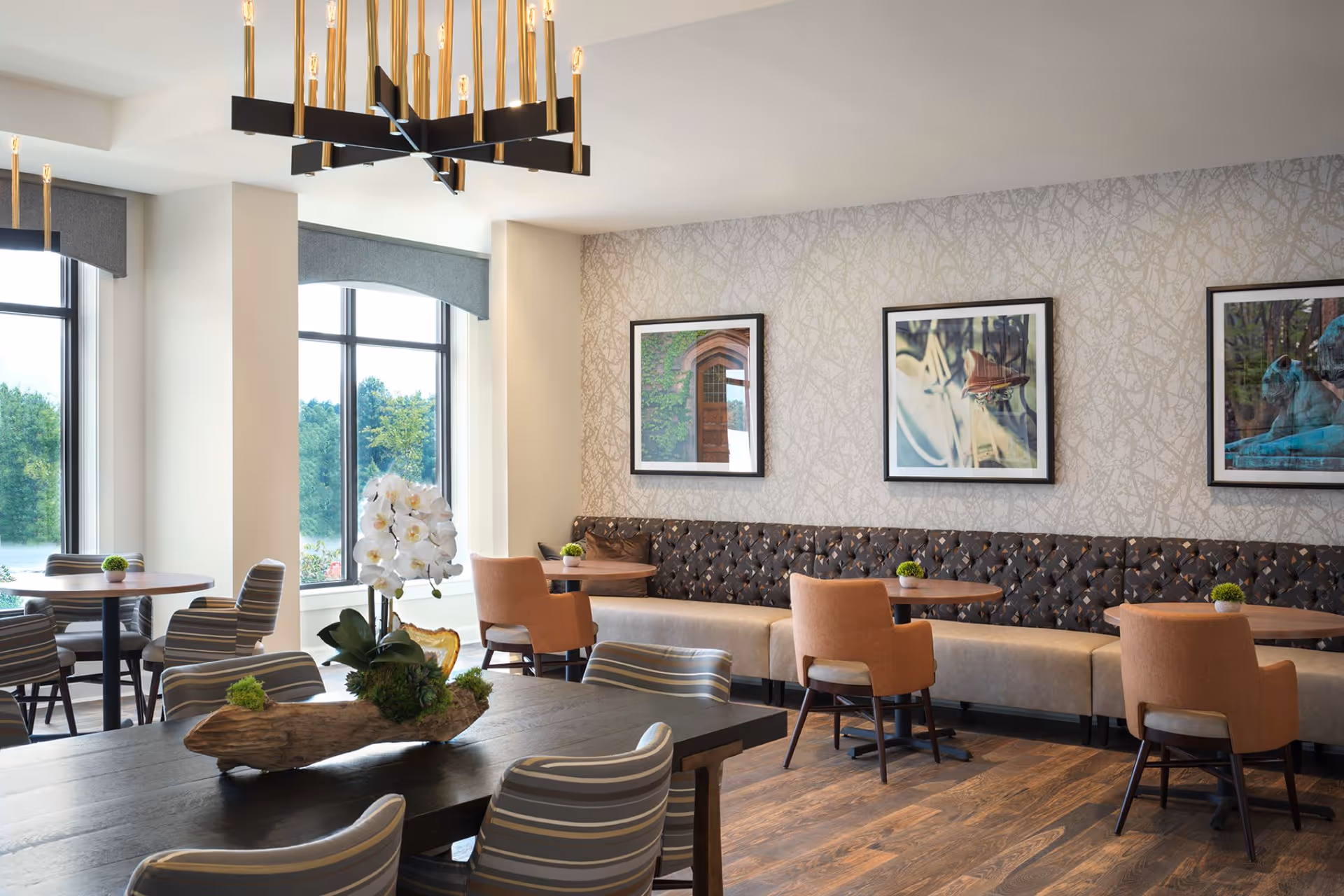 A bright and modern dining area with large windows letting in natural light. The room features a long dark wooden table with striped chairs, smaller round tables with orange upholstered chairs, and a cushioned bench along the wall. Decorative plants and a white orchid centerpiece adorn the tables. Three framed pictures hang on the patterned wallpapered wall, and a contemporary chandelier with multiple lights hangs from the ceiling.