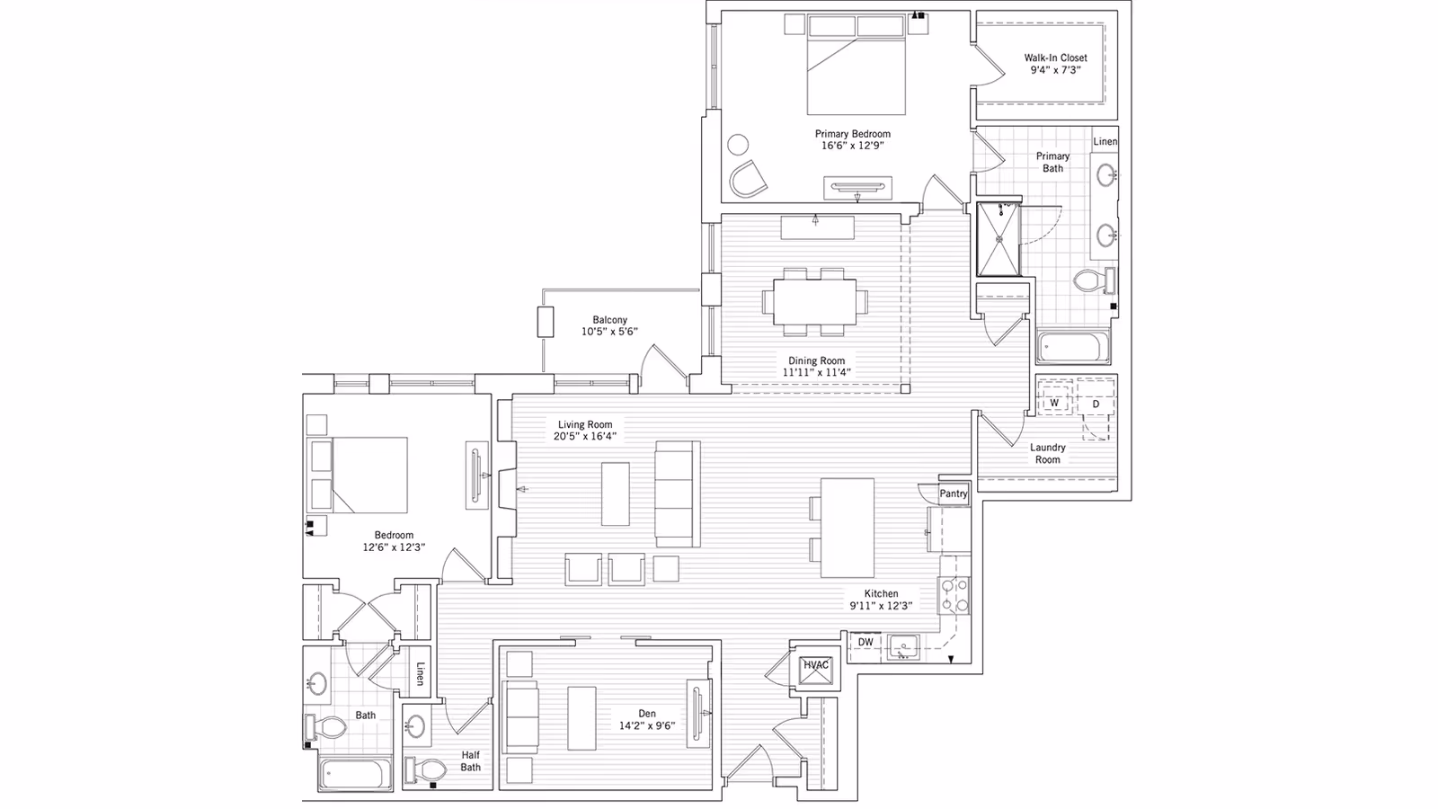 Architectural floor plan of a senior living apartment showing a primary bedroom with walk-in closet and primary bath, a second bedroom, a den, a living room, a dining room, a kitchen, a laundry room, a full bath, a half bath, and a balcony.