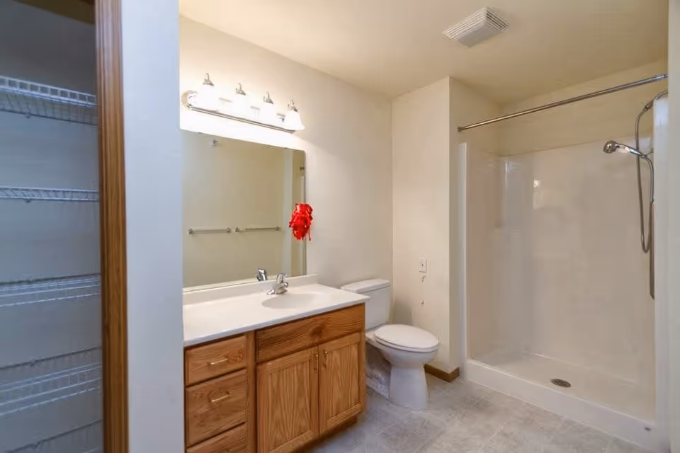 Bathroom with a wooden vanity and sink under a mirror, a toilet, walk-in shower, and open linen shelving visible at left.