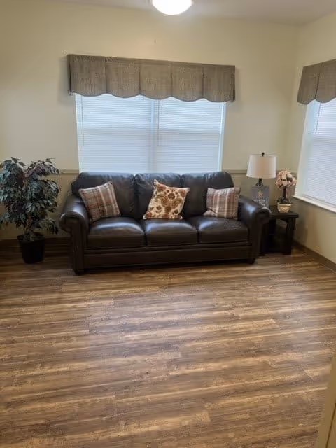 A cozy living room with a dark brown leather sofa adorned with three decorative pillows in plaid and floral patterns. Behind the sofa are two windows with white blinds and beige valances. To the left of the sofa is a potted plant, and to the right is a small side table with a lamp and a flower arrangement. The floor is wood with a natural finish.