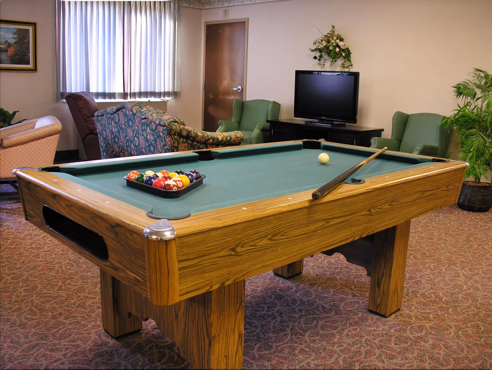 A recreational room with a pool table in the foreground, set up with billiard balls and a cue stick. In the background, there are several upholstered chairs and sofas arranged around a television on a stand. The room has carpeted flooring, a window with vertical blinds, and some decorative plants and wall art.