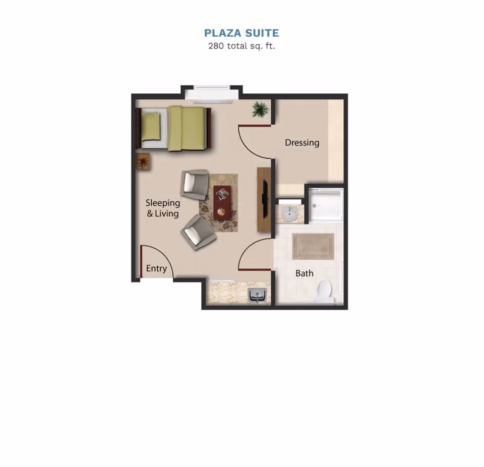 Floor plan of the Plaza Suite at Vintage Park At Wamego showing a 280 square feet layout with areas labeled Sleeping & Living, Dressing, Bath, and Entry. The Sleeping & Living area includes a bed, two chairs, and a coffee table. The Bath area includes a shower, sink, and toilet. The Dressing area is adjacent to the Bath.