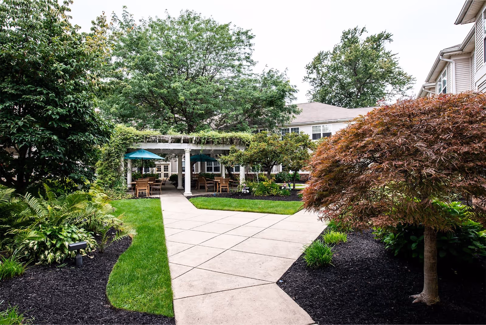 Outdoor garden area at Salida Woods by New Perspective featuring a paved walkway leading to a pergola covered with greenery. Under the pergola are wooden tables with teal umbrellas. The garden is landscaped with various trees, shrubs, and neatly mulched flower beds.
