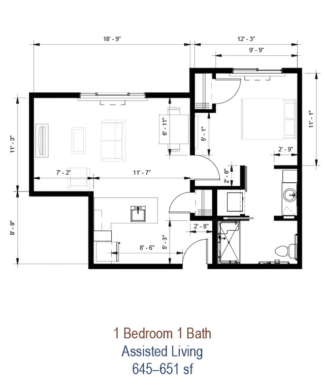 Architectural floor plan of a 1 bedroom, 1 bath assisted living unit showing dimensions and layout of living room, dining area, bedroom, and bathroom.