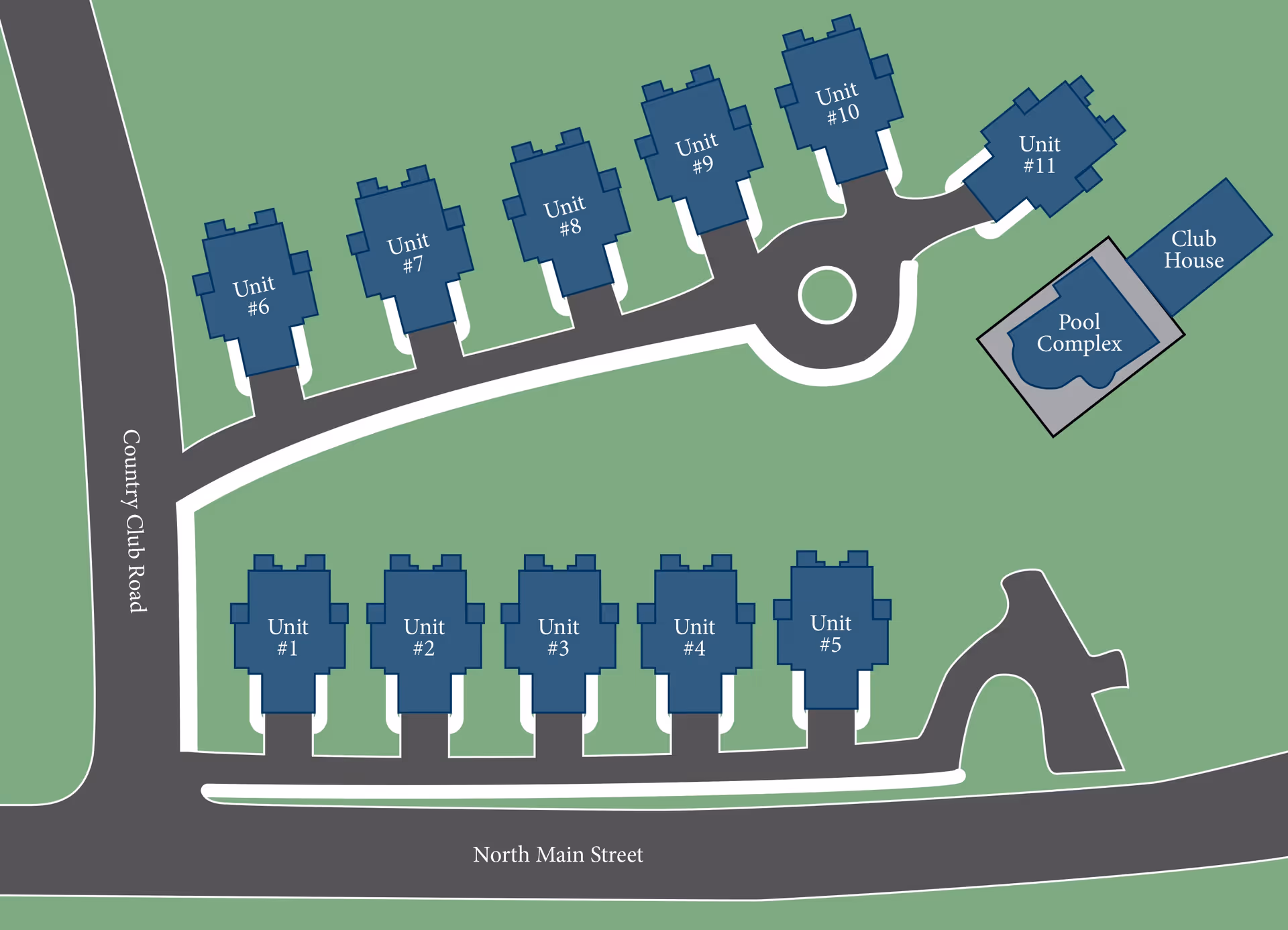 Illustrated site map of the Bay View community showing labeled residential units, roads, a pool complex and clubhouse.