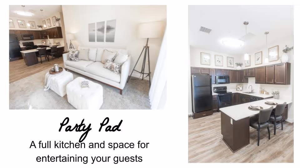 A bright and modern living room with a white sofa, two white ottomans, a floor lamp, and a kitchen area with dark cabinets, black appliances, and a kitchen island with two chairs. The space is designed for entertaining guests.