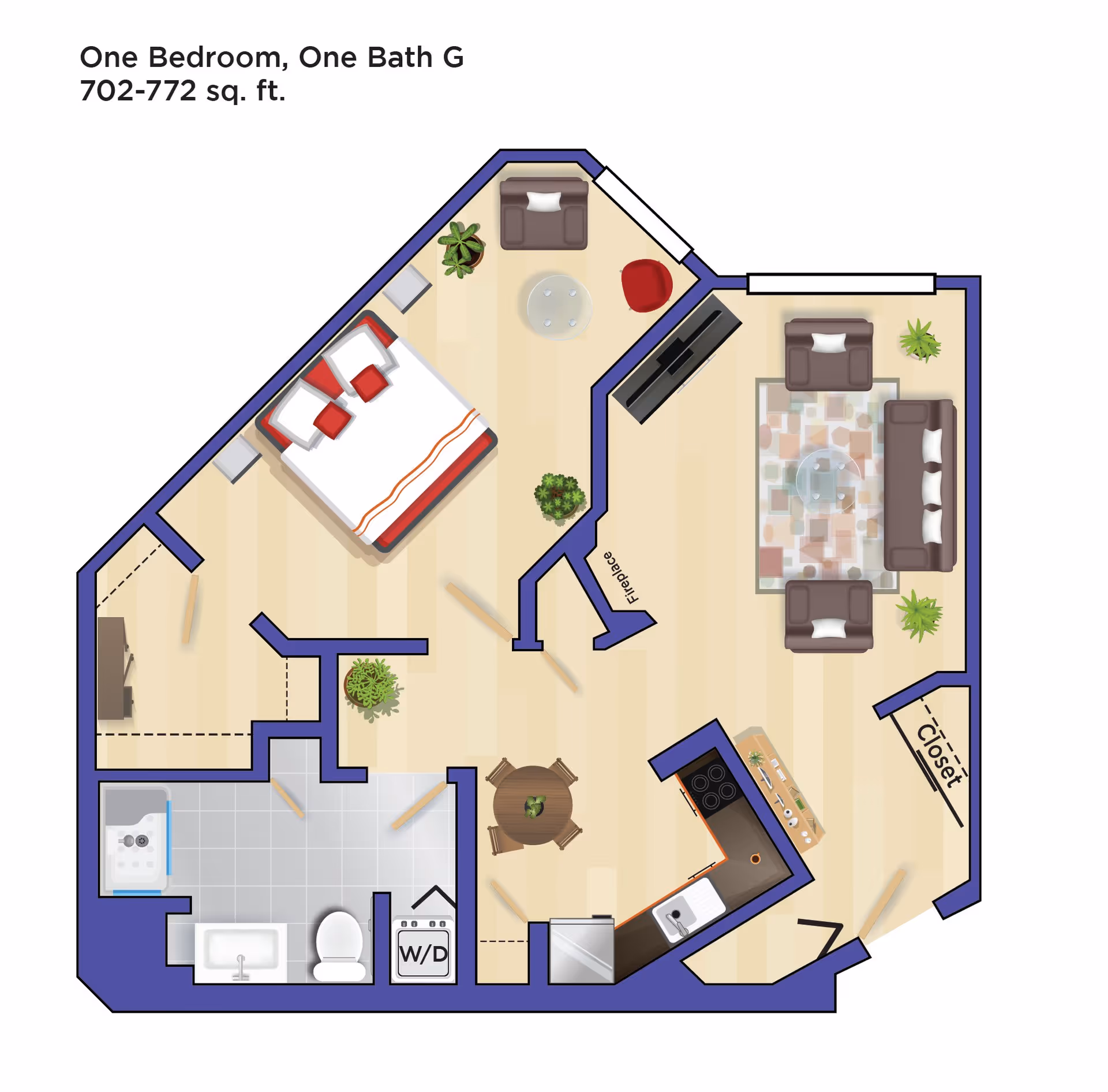 Floor plan of a one bedroom, one bathroom apartment with 702-772 square feet. The layout includes a bedroom with a bed and seating area, a bathroom with a sink, toilet, and shower, a kitchen with appliances and a dining table, a living room with sofas, a TV, and a fireplace, and a closet.