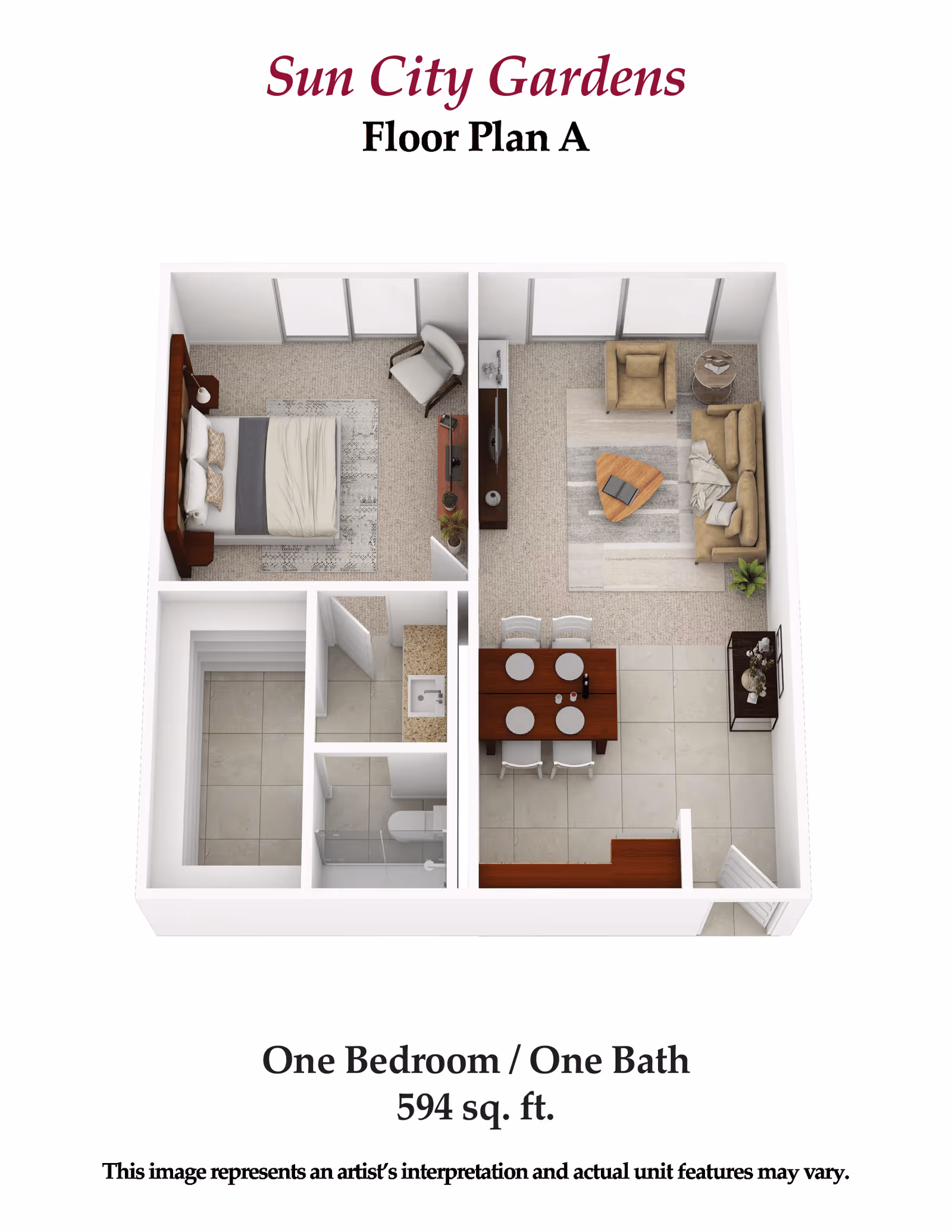 3D floor plan of a one-bedroom, one-bath apartment at Sun City Gardens. The layout includes a bedroom with a bed and chair, a living room with a sofa, armchair, coffee table, and TV stand, a dining area with a table and four chairs, a bathroom with a shower, toilet, and sink, and an entry area. The total area is 594 square feet.