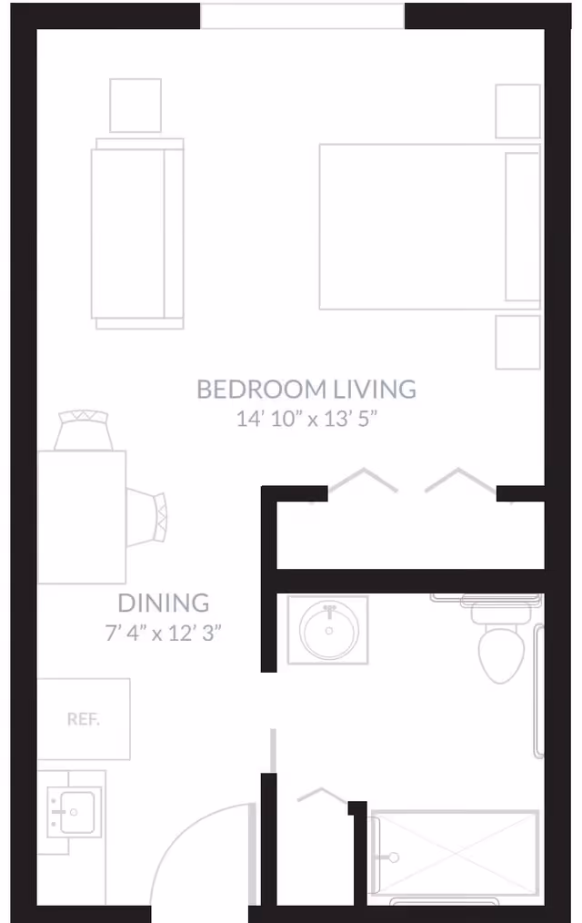 Architectural floor plan showing a layout with a bedroom living area measuring 14 feet 10 inches by 13 feet 5 inches, a dining area measuring 7 feet 4 inches by 12 feet 3 inches, a kitchen area with a refrigerator and sink, and a bathroom with a sink, toilet, and shower.