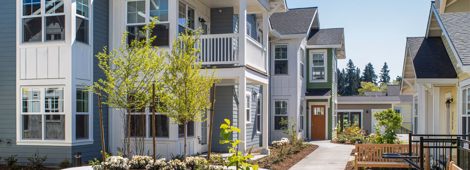 Outdoor view of a senior living community showing modern multi-story buildings with large windows, a paved walkway, young trees, shrubs, and a wooden bench under clear blue sky.