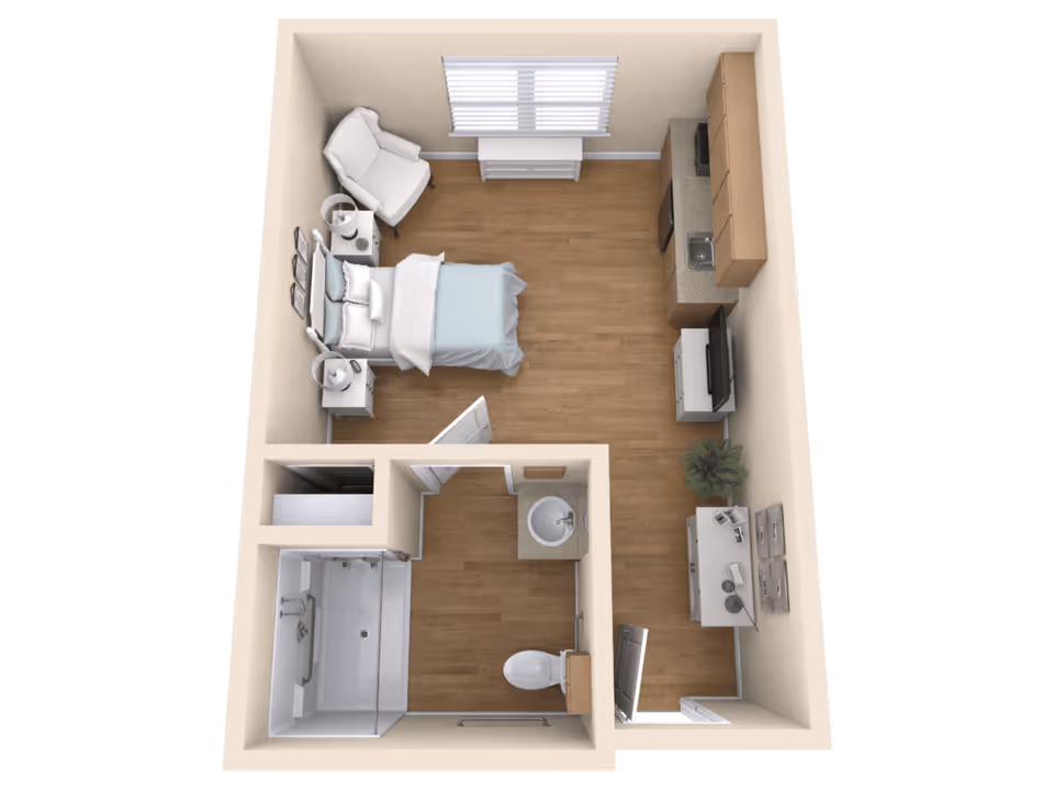3D floor plan of a small studio apartment featuring a bedroom area with a bed, two nightstands, and a chair near a window. Adjacent to the bedroom is a kitchenette with cabinets, a sink, a microwave, and a refrigerator. There is a small bathroom with a shower, toilet, and sink. The living space also includes a TV on a stand and a desk with a chair and decorative items.