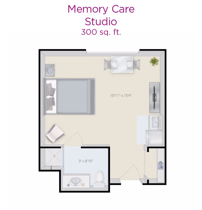 Floor plan of a 300 sq. ft. memory care studio showing a bed, seating area, kitchenette/TV area, and a bathroom.