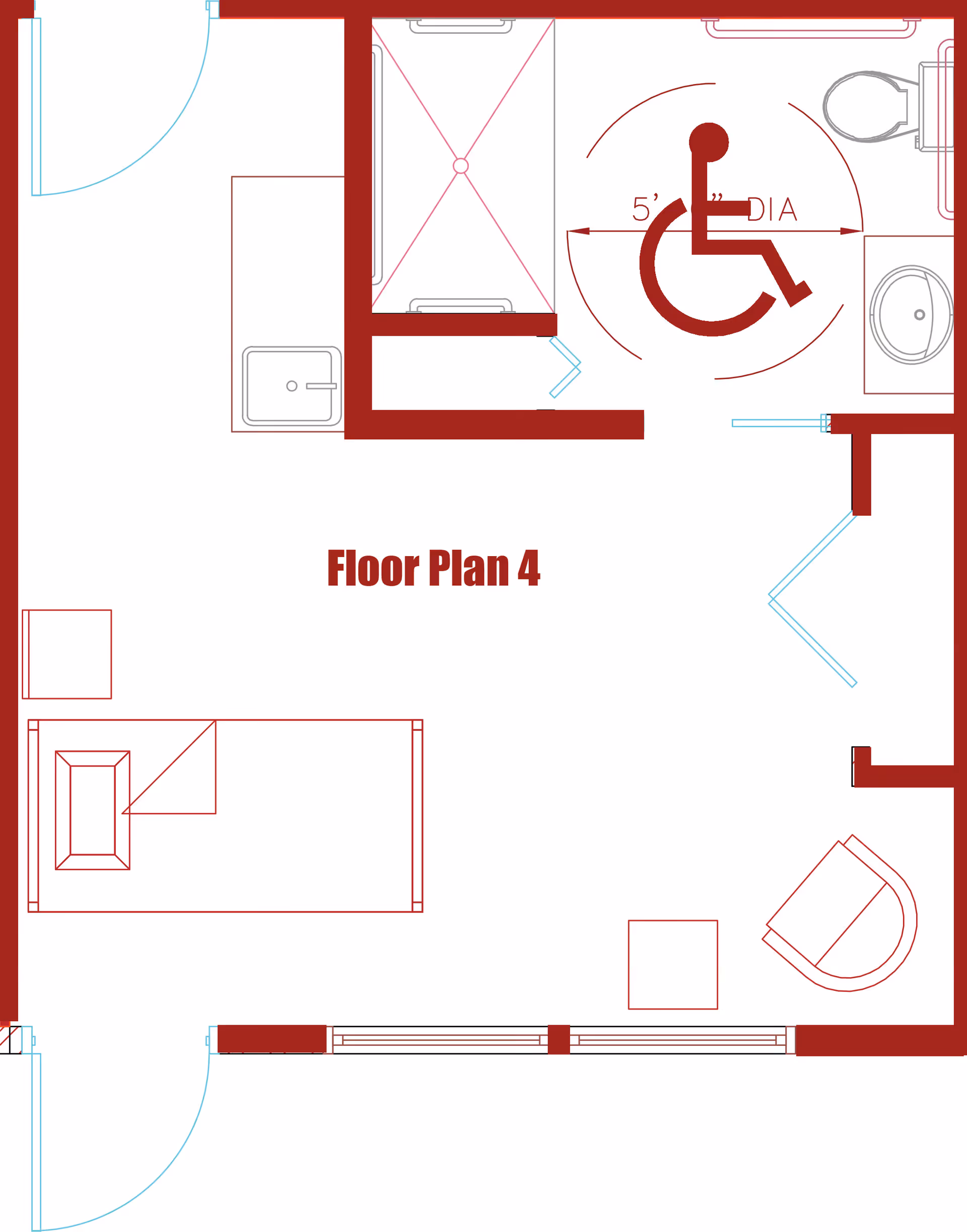 Architectural floor plan labeled Floor Plan 4 showing a layout with a bed, chair, small table, bathroom with toilet and sink, and a shower area. The bathroom includes a 5-foot diameter wheelchair accessibility symbol.