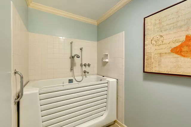 Walk-in bathtub with grab bar, handheld shower and tiled walls next to framed artwork.