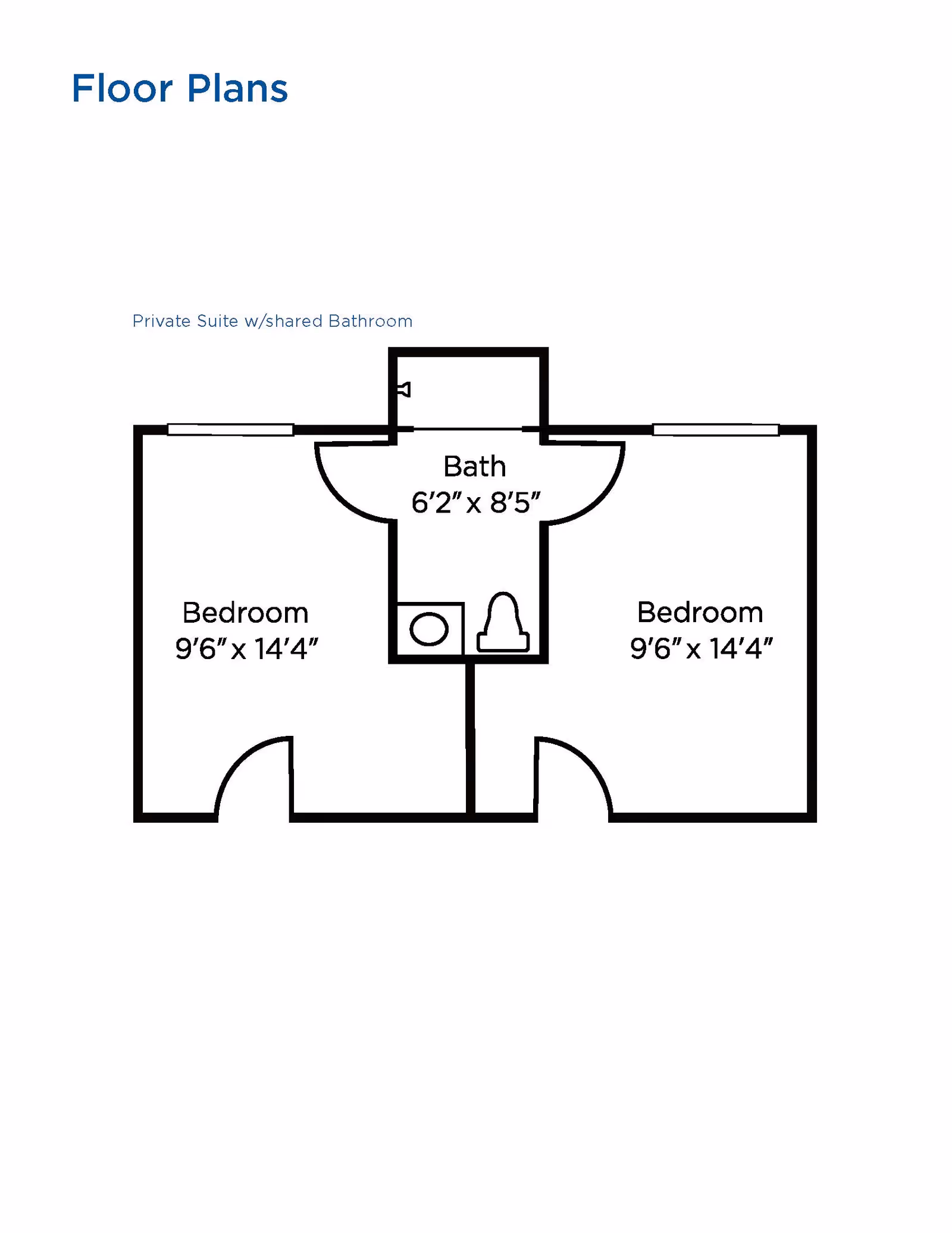 Floor plan showing a private suite with shared bathroom. The layout includes two bedrooms, each measuring 9 feet 6 inches by 14 feet 4 inches, and a shared bathroom measuring 6 feet 2 inches by 8 feet 5 inches located between the bedrooms.