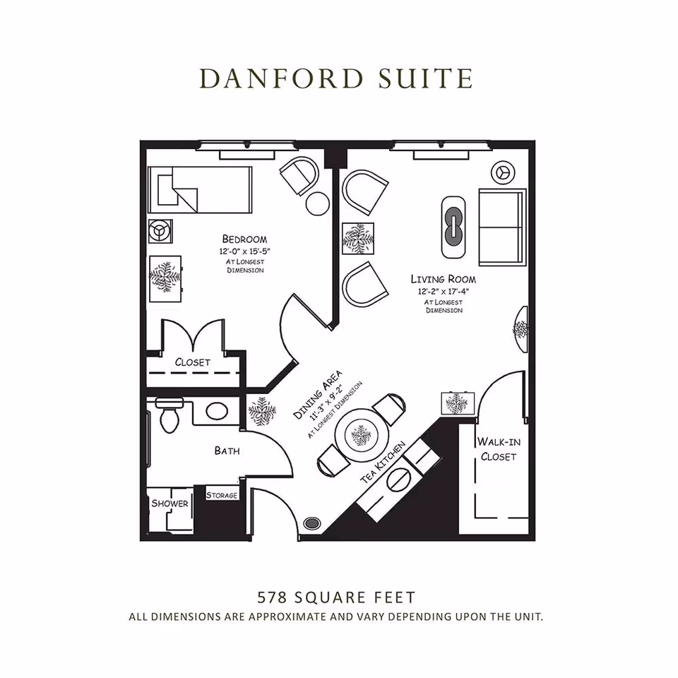 Floor plan of the Danford Suite at RoseWood Village Assisted Living and Memory Care - Hollymead, showing a 578 square feet layout with a bedroom, living room, dining area, tea kitchen, bath with shower, closet, and walk-in closet.