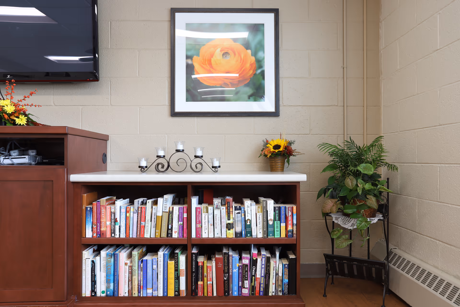 Wooden bookcase filled with books beneath a framed orange flower print, flanked by a TV edge, candle holder, and potted plants in a cozy common room.