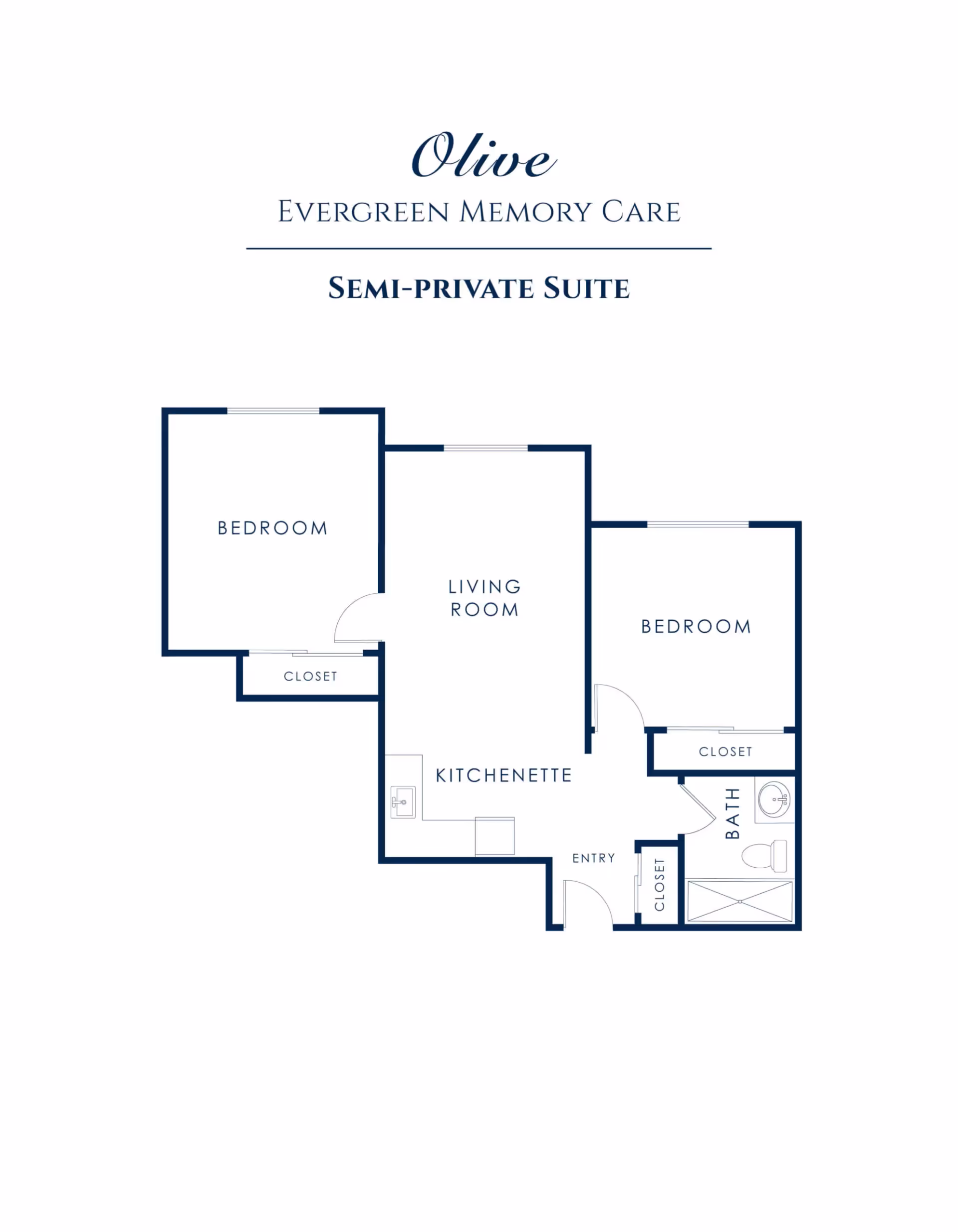 Floor plan of a semi-private suite named Olive at Evergreen Memory Care, showing two bedrooms each with a closet, a living room, kitchenette, entry, and a bathroom with a closet.