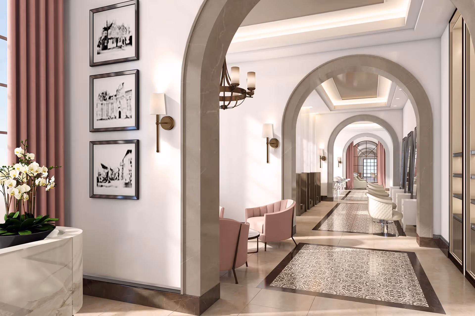 Bright elegant interior corridor with arched openings, seating areas, chandeliers, framed artwork and patterned floor tiles.