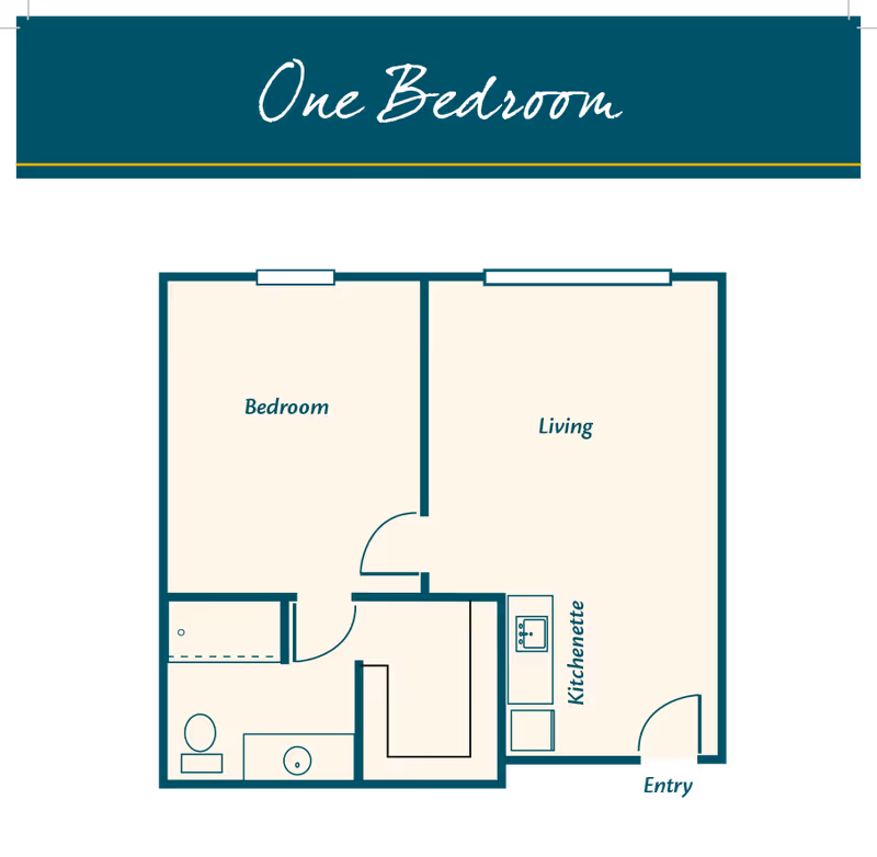 Floor plan layout of a one-bedroom unit at HarborChase of Jasper, showing a bedroom, living area, kitchenette, bathroom, and entry.