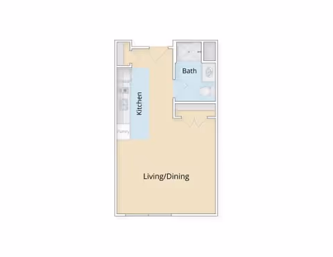 Floor plan showing a studio-style layout with a combined living/dining area, a kitchen along one wall with pantry, and a separate bathroom.