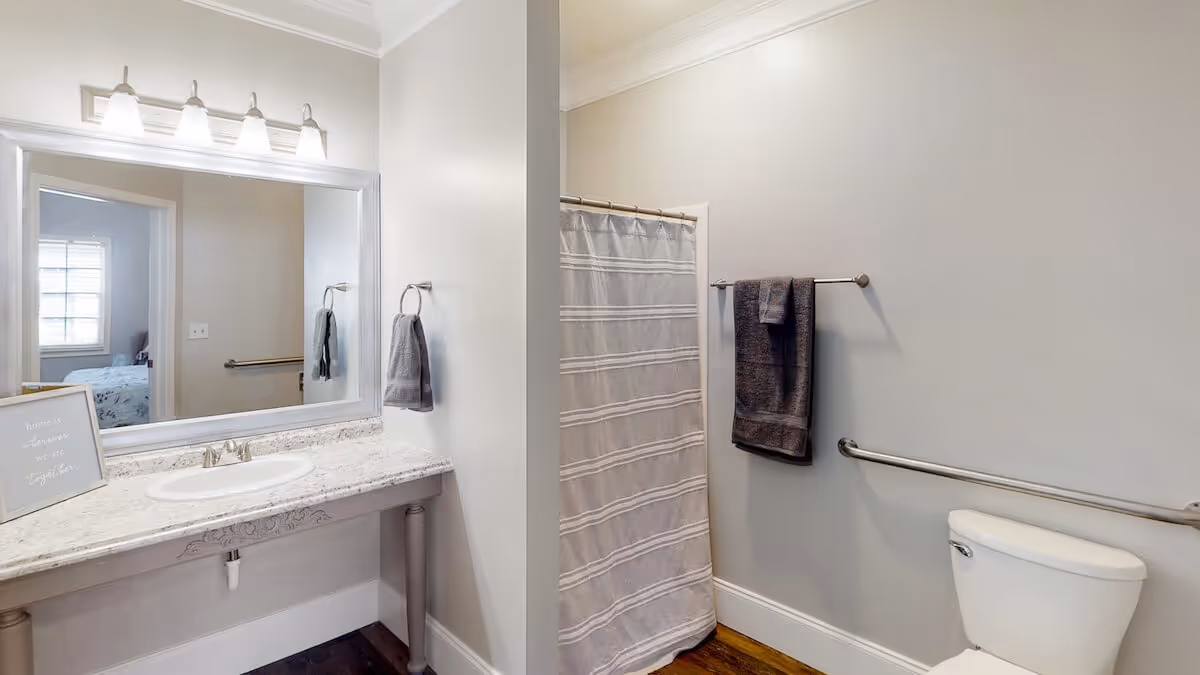 A clean and well-lit bathroom with a large mirror above a white sink set in a marble countertop. There are two gray hand towels hanging on metal towel rings and bars. A shower with a gray and white striped curtain is visible next to the sink. The toilet is positioned under a grab bar on the wall. The walls are painted light gray and the floor is wooden.