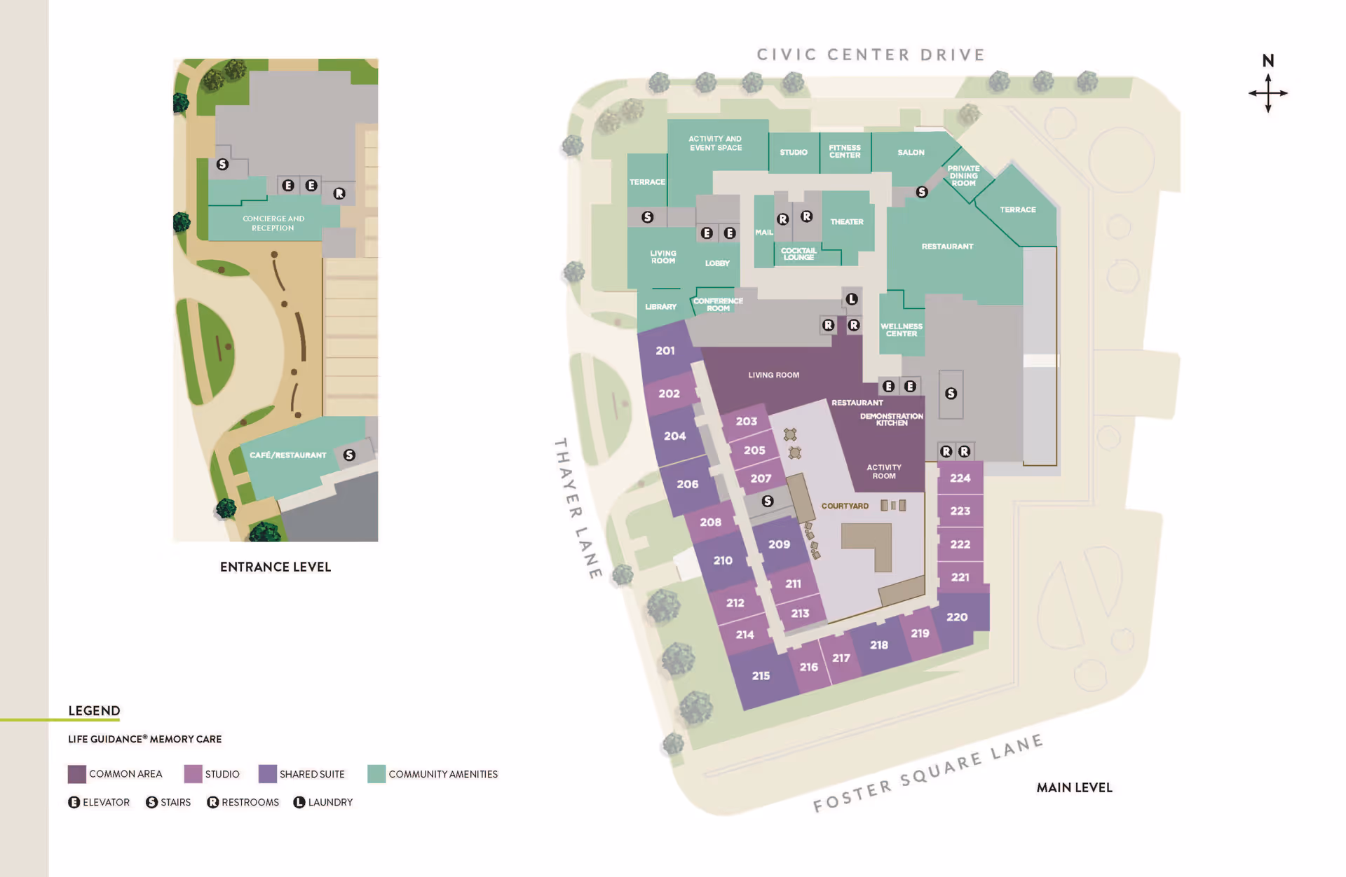 Floor plan of Atria At Foster Square showing the entrance level with concierge, reception, and cafe/restaurant, and the main level with labeled rooms including common areas, studios, shared suites, community amenities like activity and event space, fitness center, salon, theater, restaurant, wellness center, and various residential rooms numbered 201 to 224. The layout includes elevators, stairs, restrooms, and laundry areas, with surrounding streets labeled Civic Center Drive, Thayer Lane, and Foster Square Lane.