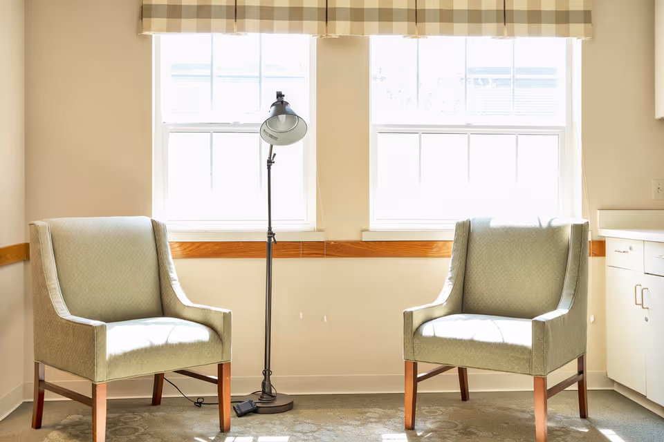 Two light green upholstered armchairs with wooden legs positioned near two large windows with a floor lamp between them in a bright room with beige walls and a patterned carpet.