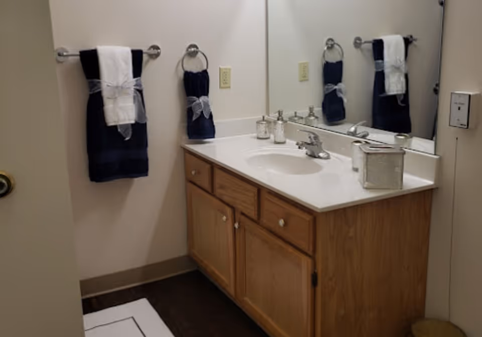 Bathroom vanity with a sink, large mirror, wooden cabinets, and navy and white towels on wall racks.