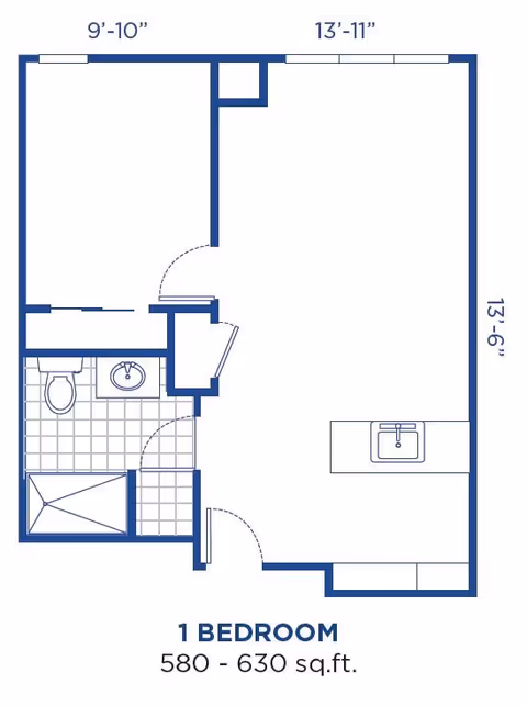 Blueprint floor plan of a one-bedroom apartment showing a living area with kitchen island, bedroom, and bathroom labeled '1 BEDROOM 580 - 630 sq.ft.'