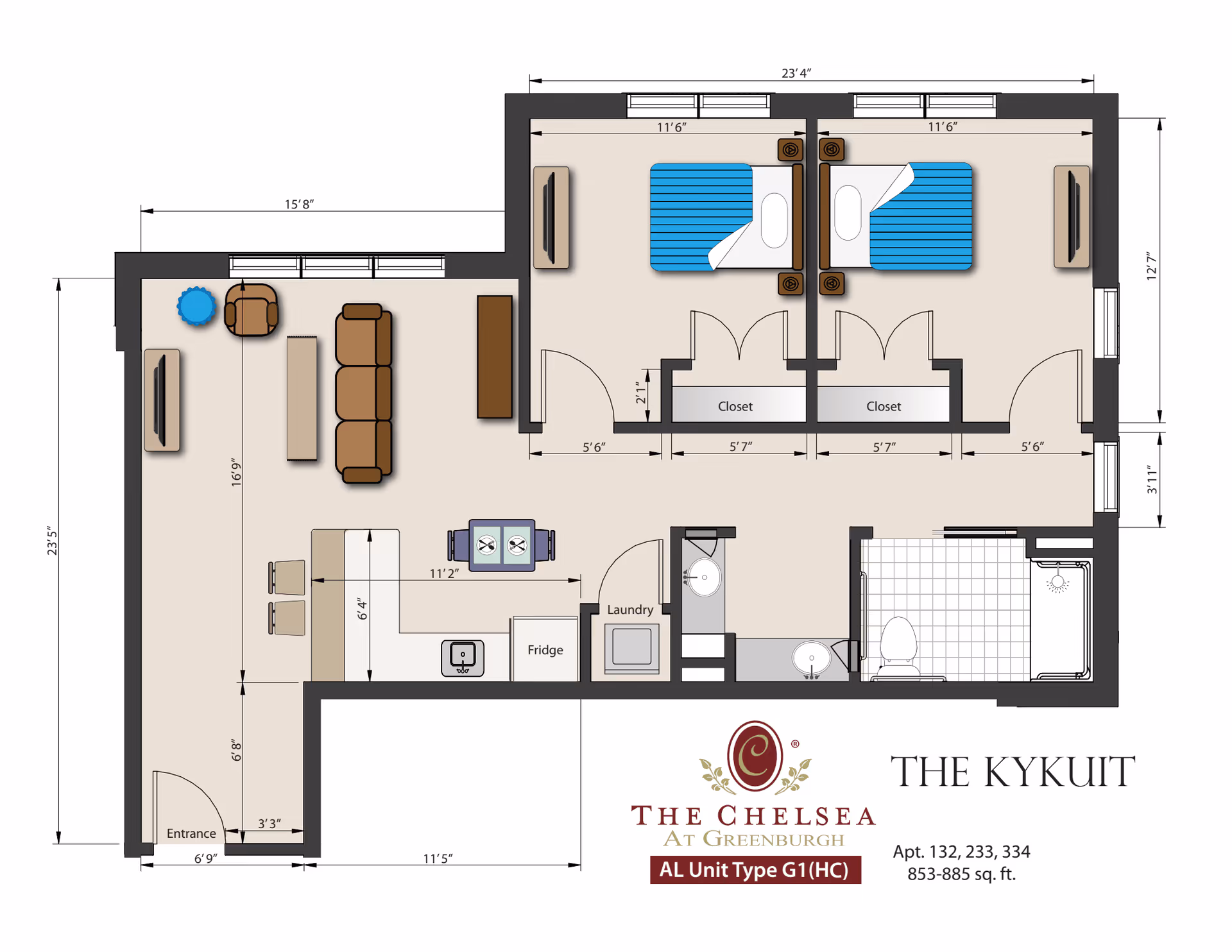 Top-down floor plan of a two-bedroom apartment showing living room, kitchen, bathroom, closets, and measurements labeled 'The Chelsea at Greenburgh'.
