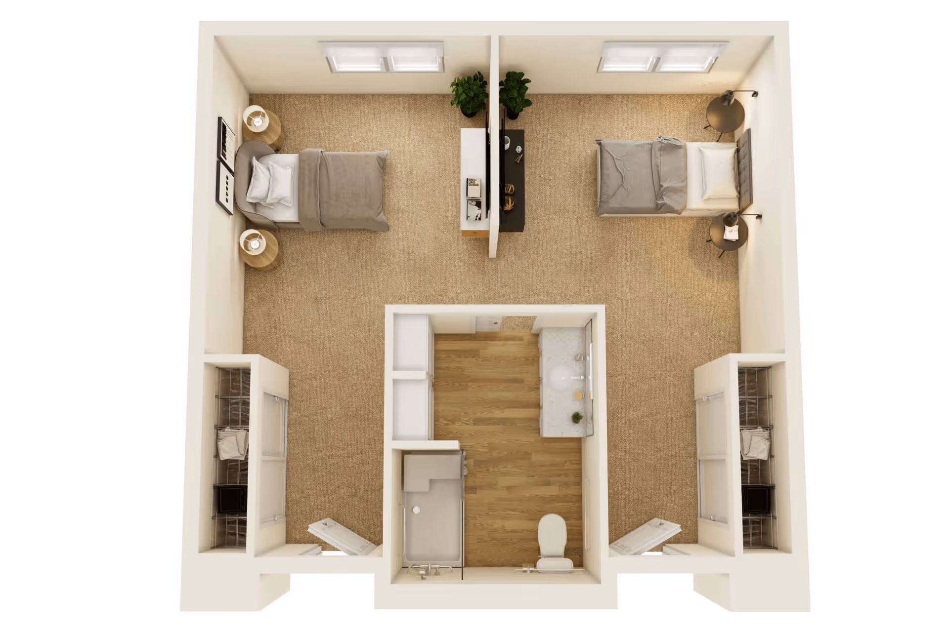 Top-down view of a two-bedroom apartment floor plan with a shared bathroom in the center. Each bedroom has a bed, two side tables with lamps, and a closet. The bathroom includes a shower, toilet, and sink with a countertop. The bedrooms are carpeted, and the bathroom has wooden flooring.